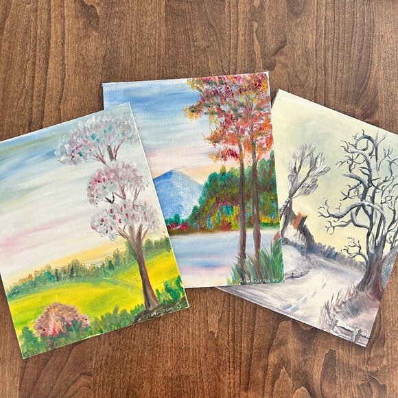 Vtg 1985 Original Oil Painting On Canvas Board Set of 3 Seasons Artist Signed - Picture 1 of 16